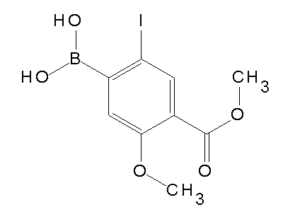 Chemical structure of 4-(methoxycarbonyl)-2-iodo-5-methoxyphenylboronic acid
