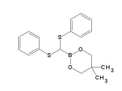 Chemical structure of 2-(bis-phenylsulfanyl-methyl)-5,5-dimethyl-[1,3,2]dioxaborinane